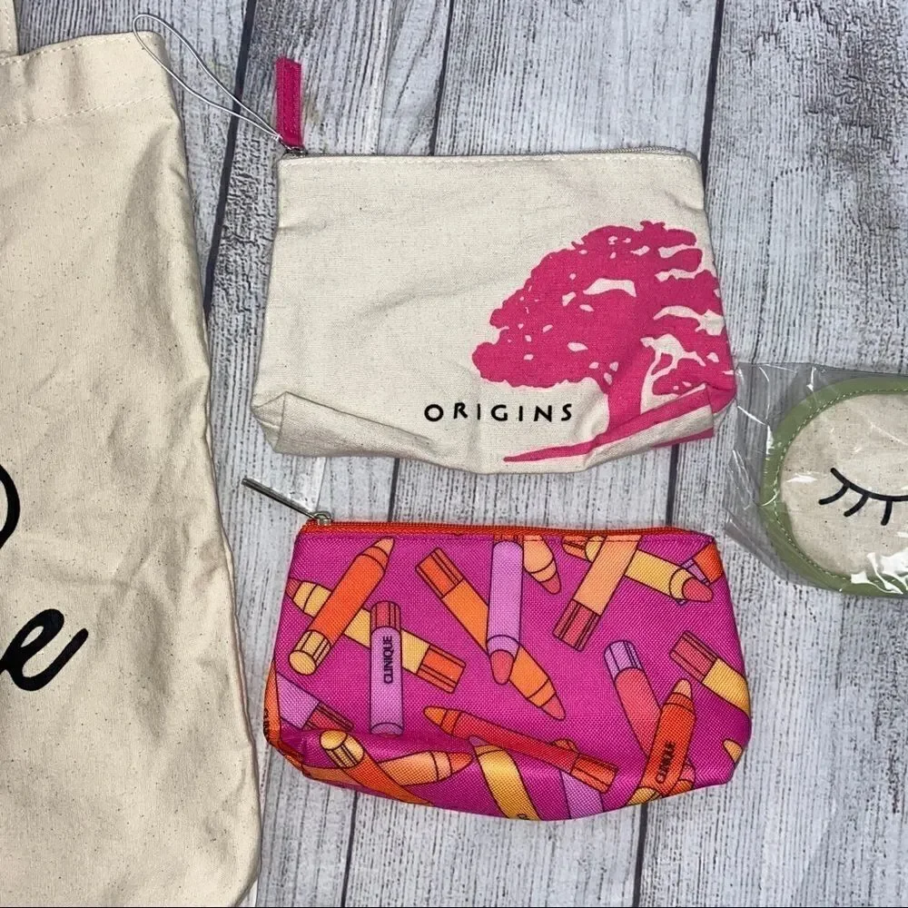 Lancôme Paris canvas tote, makeup bags, sleep mask
